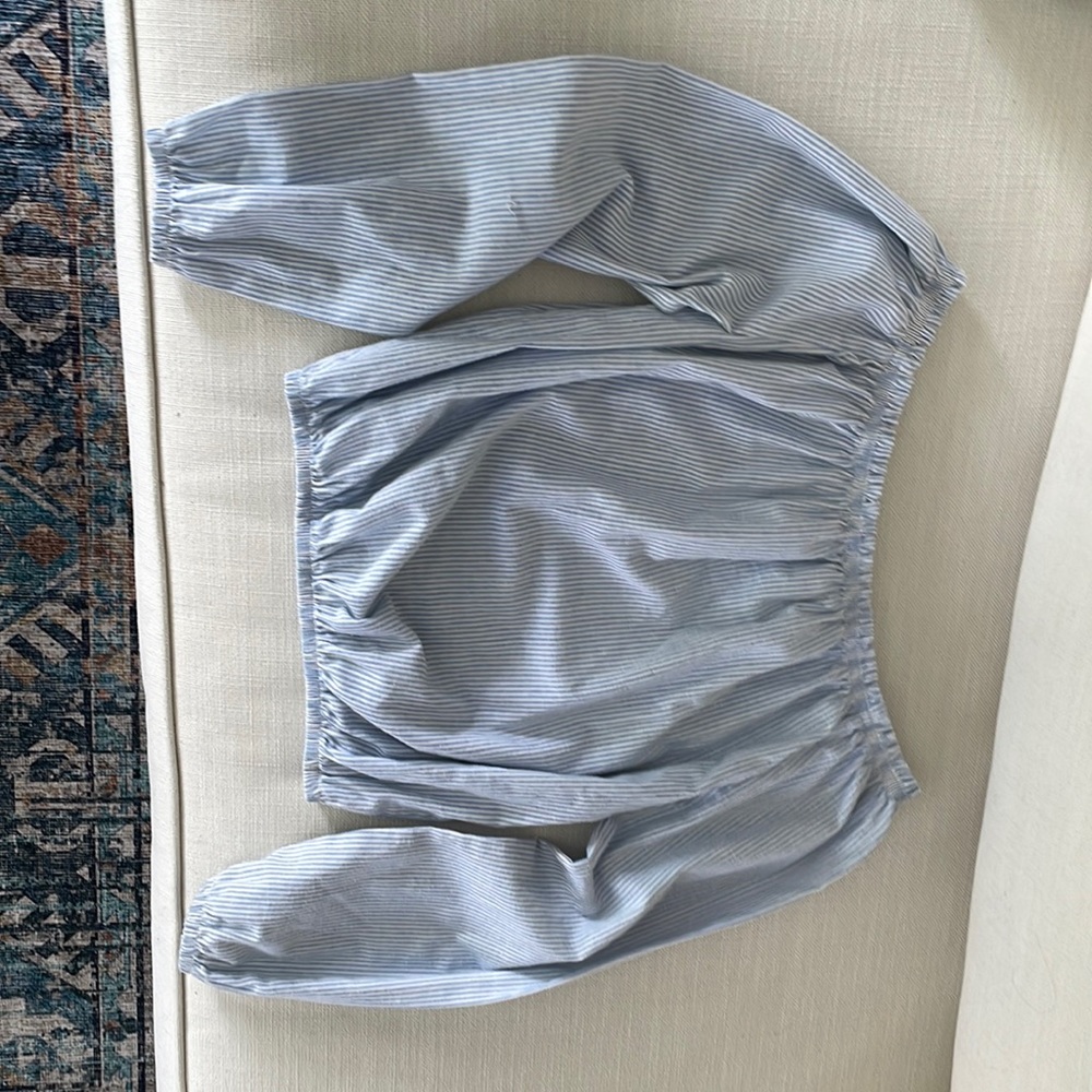 Off the shoulder blue and white stripe top